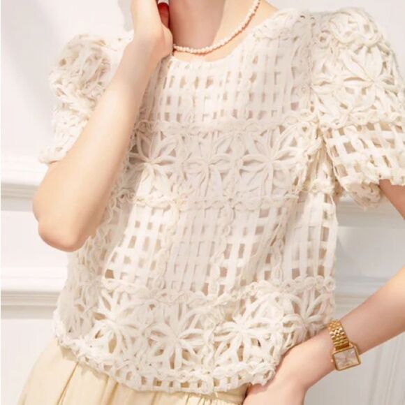 NWT Adrianna Papell Floral Crochet Textured Blouse in Almond Latte Size XL NEW - Picture 1 of 15